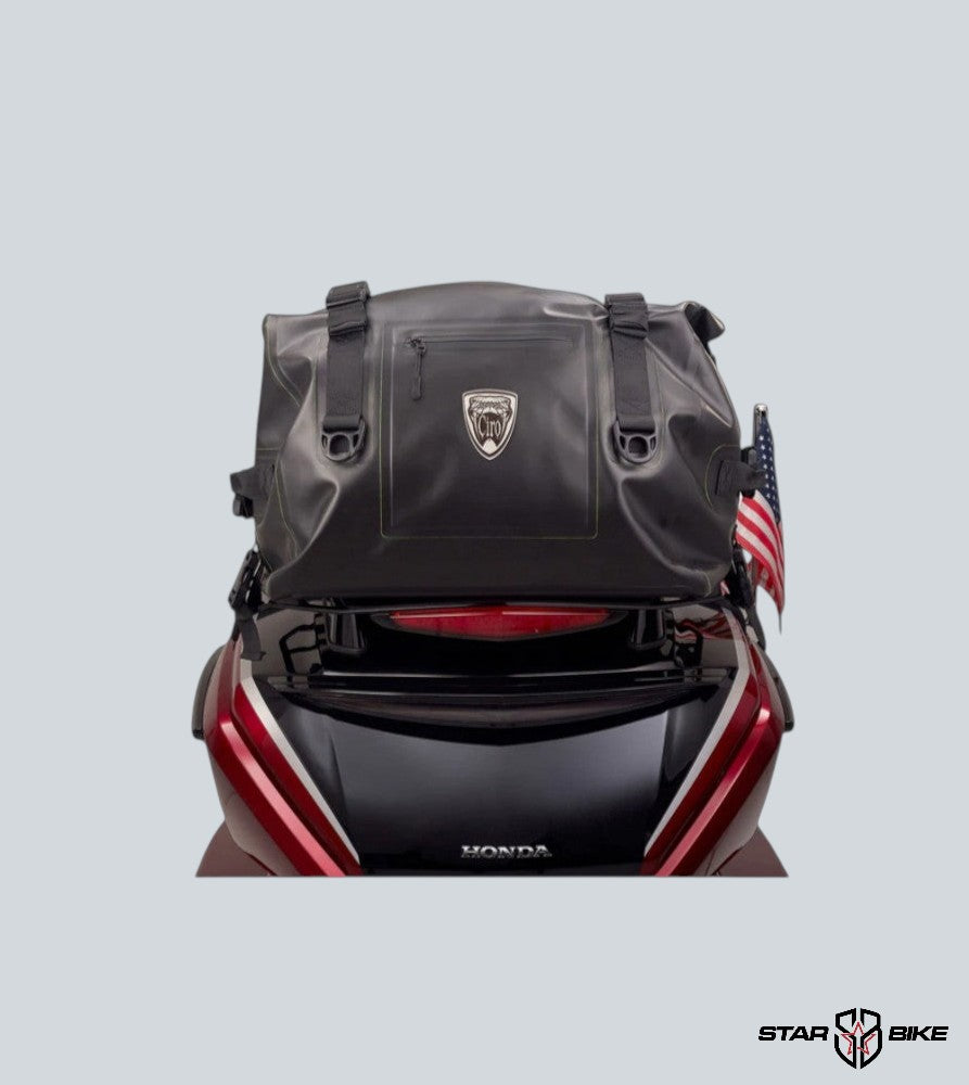 Star Bike black 40L waterproof motorcycle tail bag made of TPU laminated 840D nylon with reflective logo and quick-release strap.