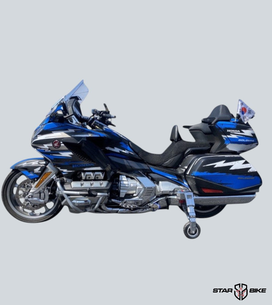 Star Bike GLK Flex Gear official landing gear for luxury motorcycles, blue and black aluminum body.