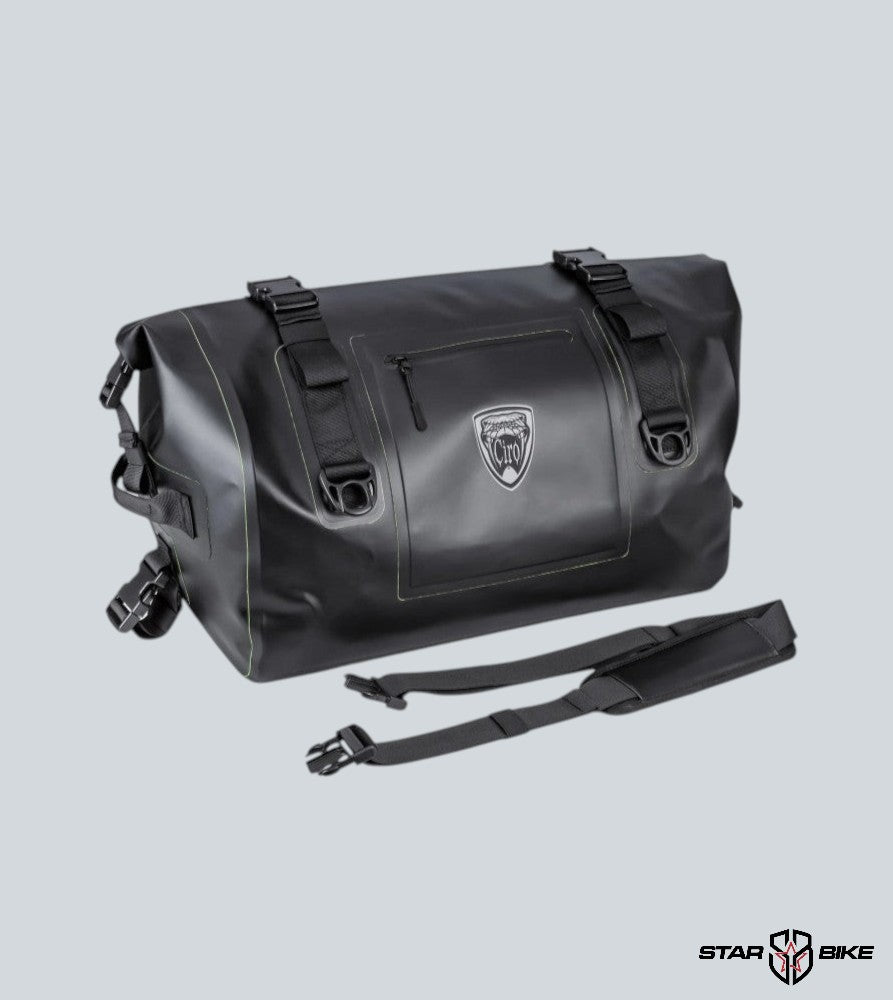 Star Bike black 40L waterproof motorcycle dry bag made of TPU laminated 840D nylon with welded seams and YKK zippers.