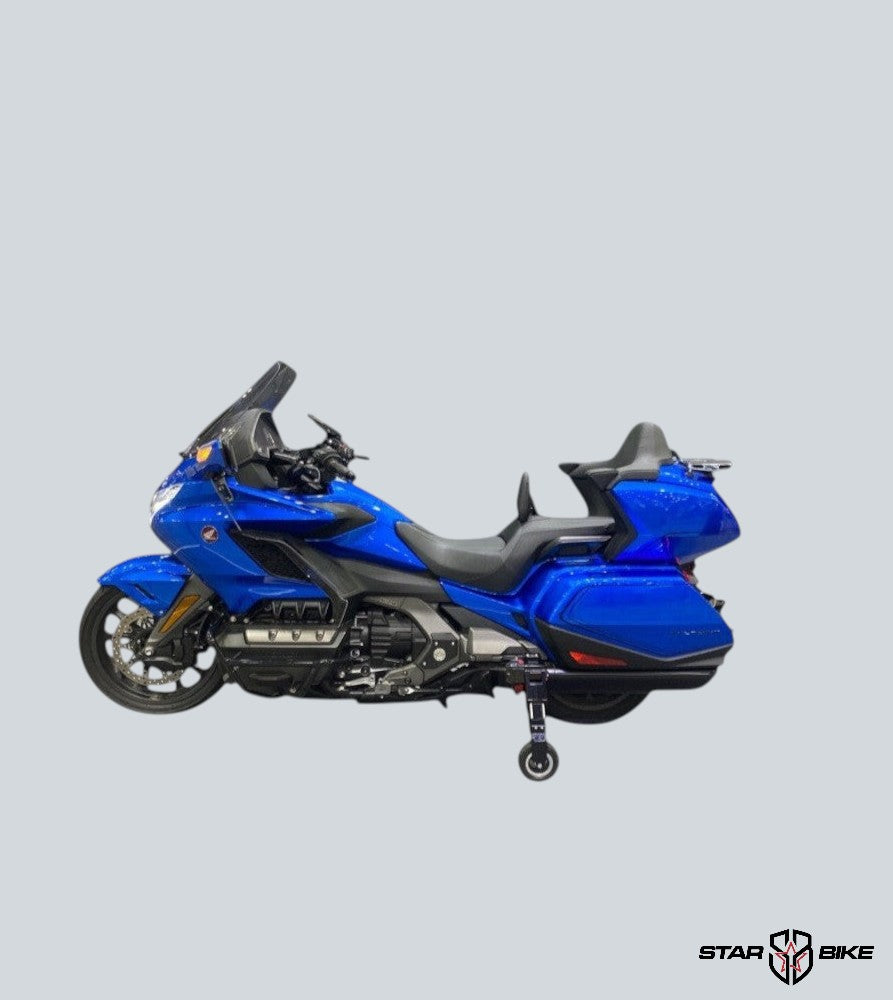 Star Bike GLK Flex Gear official motorcycle air suspension in blue aluminum, aids low-speed maneuvers and parking.